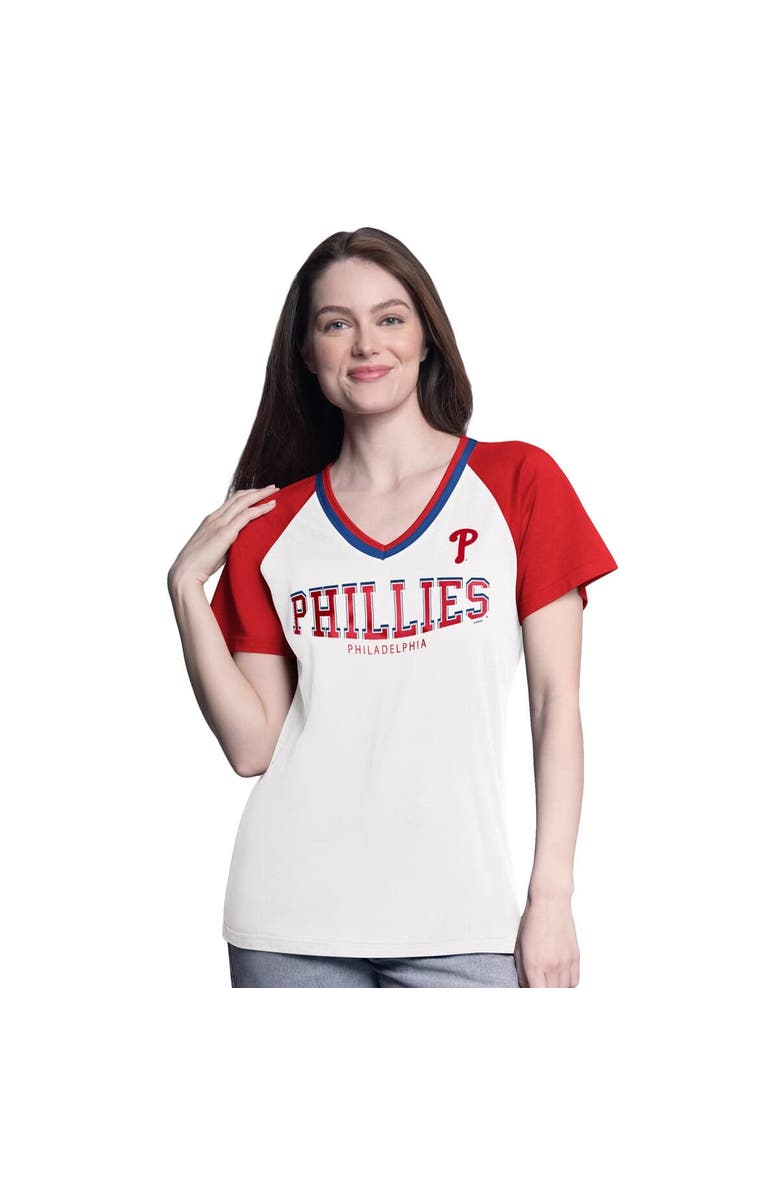 G-III 4HER BY CARL BANKS Women's G-III 4Her by Carl Banks White/Red Philadelphia Phillies Ball Park Raglan V-Neck T-Shirt, Main, color, White