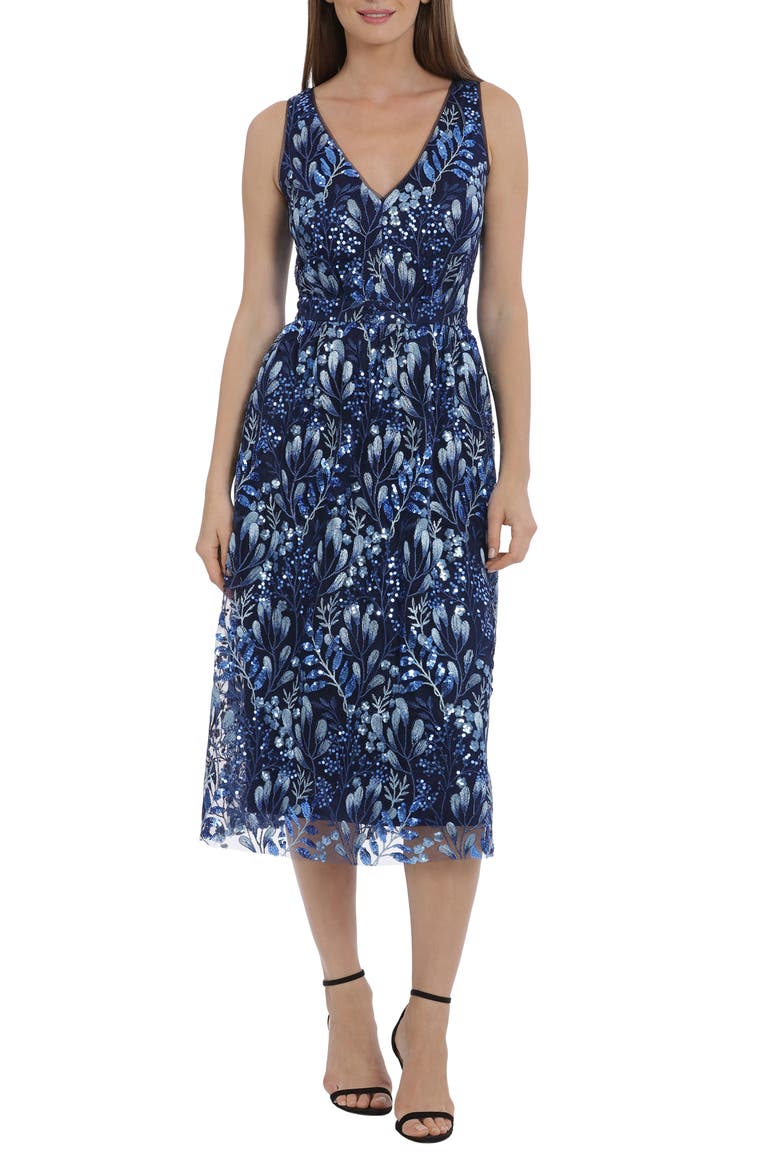 Woodland Sequin Embroidered Sleeveless Midi Dress, Main, color, BLUE MULTI