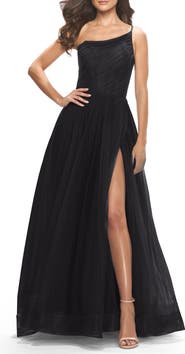 La Femme One Shoulder A-Line Tulle Gown with Sheer Bodice