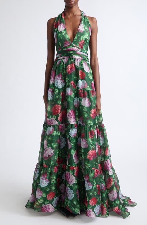 Hydrangea Tiered Silk Halter Neck Gown