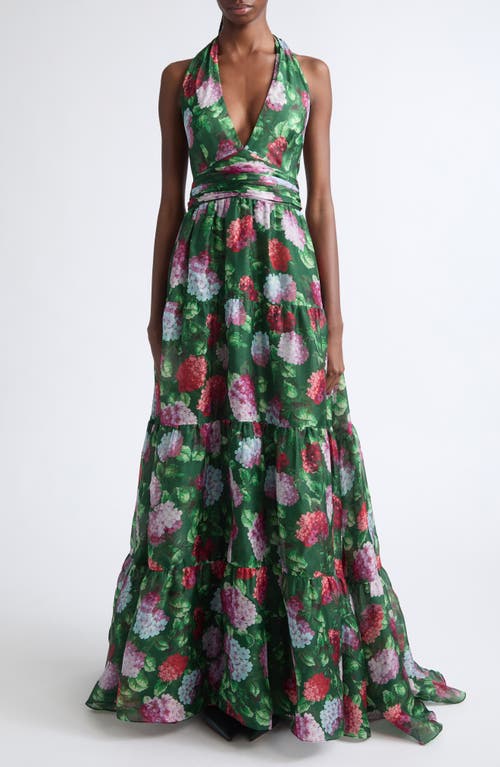 Carolina Herrera Hydrangea Tiered Silk Halter Neck Gown in Racing Green Multi at Nordstrom, Size 12