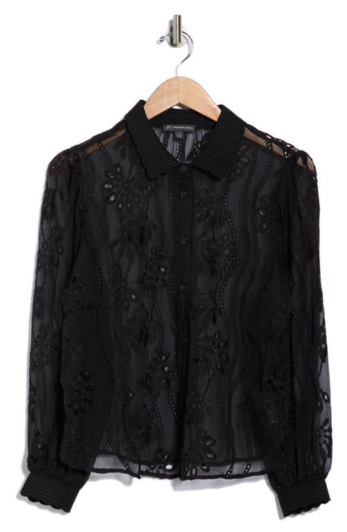 Adrianna Papell Long Sleeve Sheer Floral Eyelet Lace Button-up Top In Black