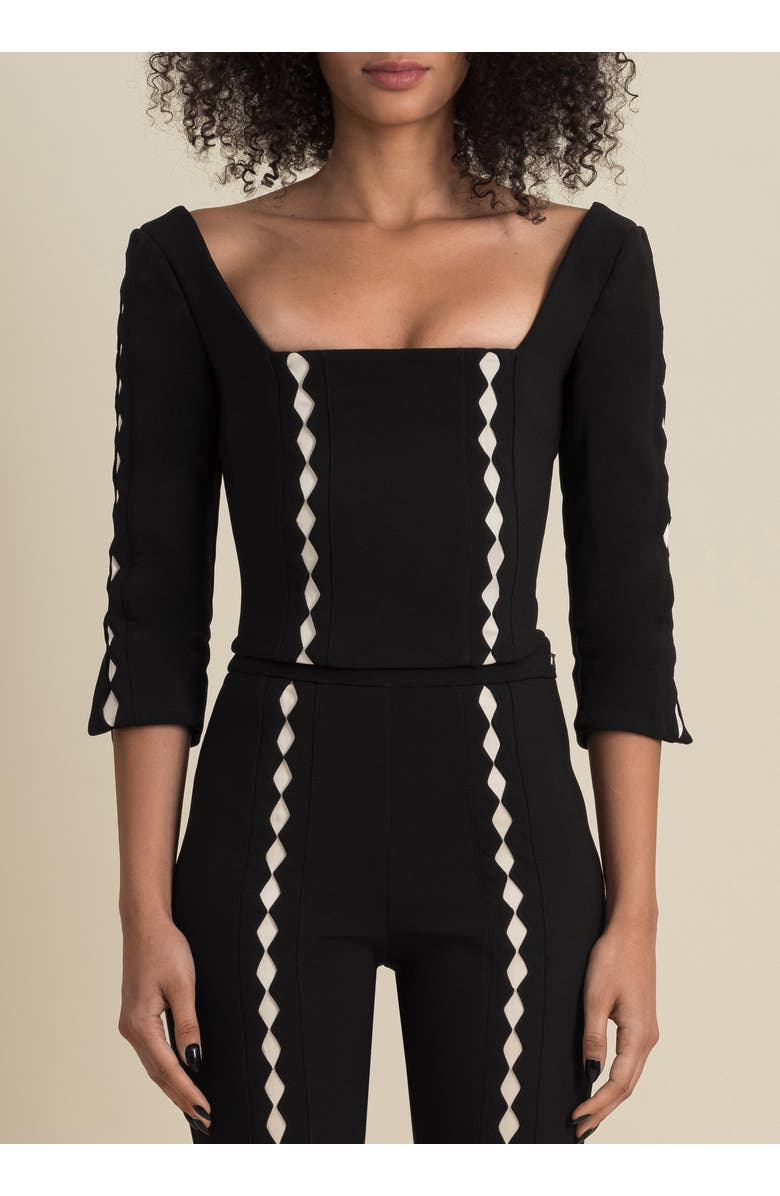 Contessa Mills Leo Structured Sateen Cutout Top, Main, color, Black Champagne