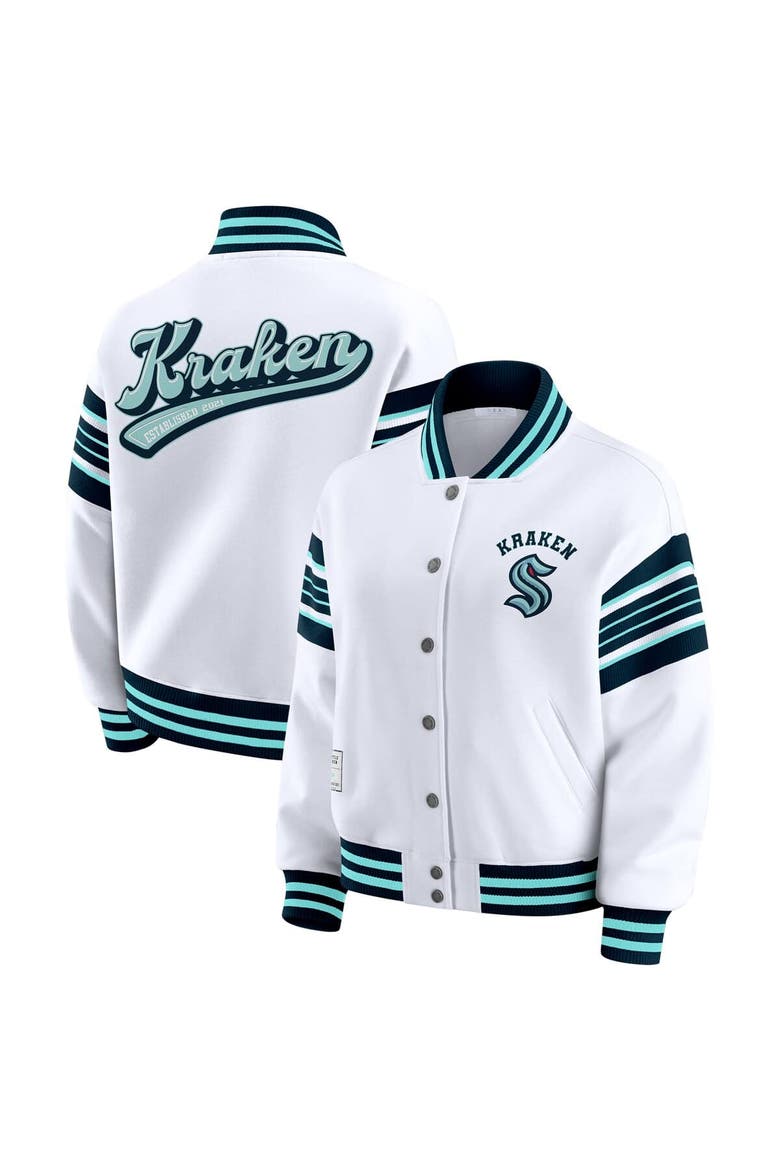Women's WEAR by Erin Andrews White/Deep Sea Blue Seattle Kraken Full-Snap Fleece Sweatshirt Jacket, Main, color, Blue
