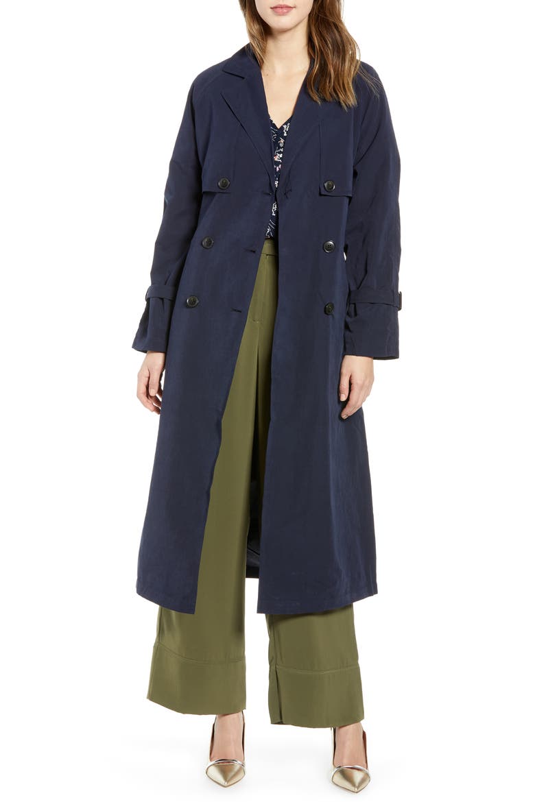 Valentine Long Trench Coat, Main, color, NIGHT SKY