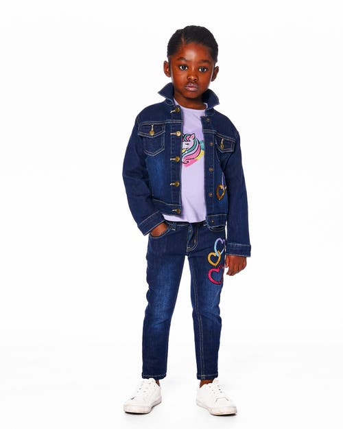 Deux Par Deux Stretch Denim Jacket With Glittery Hearts And Unicorn In Blue