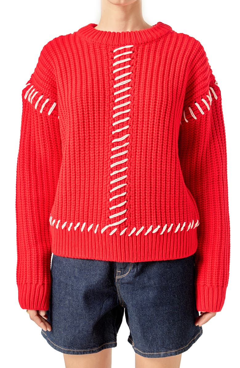 English Factory Stitch Detail Chunky Sweater, Alternate, color, Red/ White