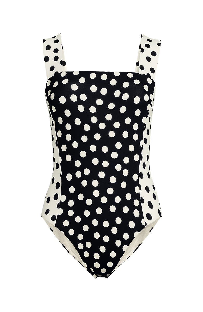 Lands
End Square Neck High Leg One Piece Swimsuit, Alternate, color, Black/Egret Mixed Tossed Dots