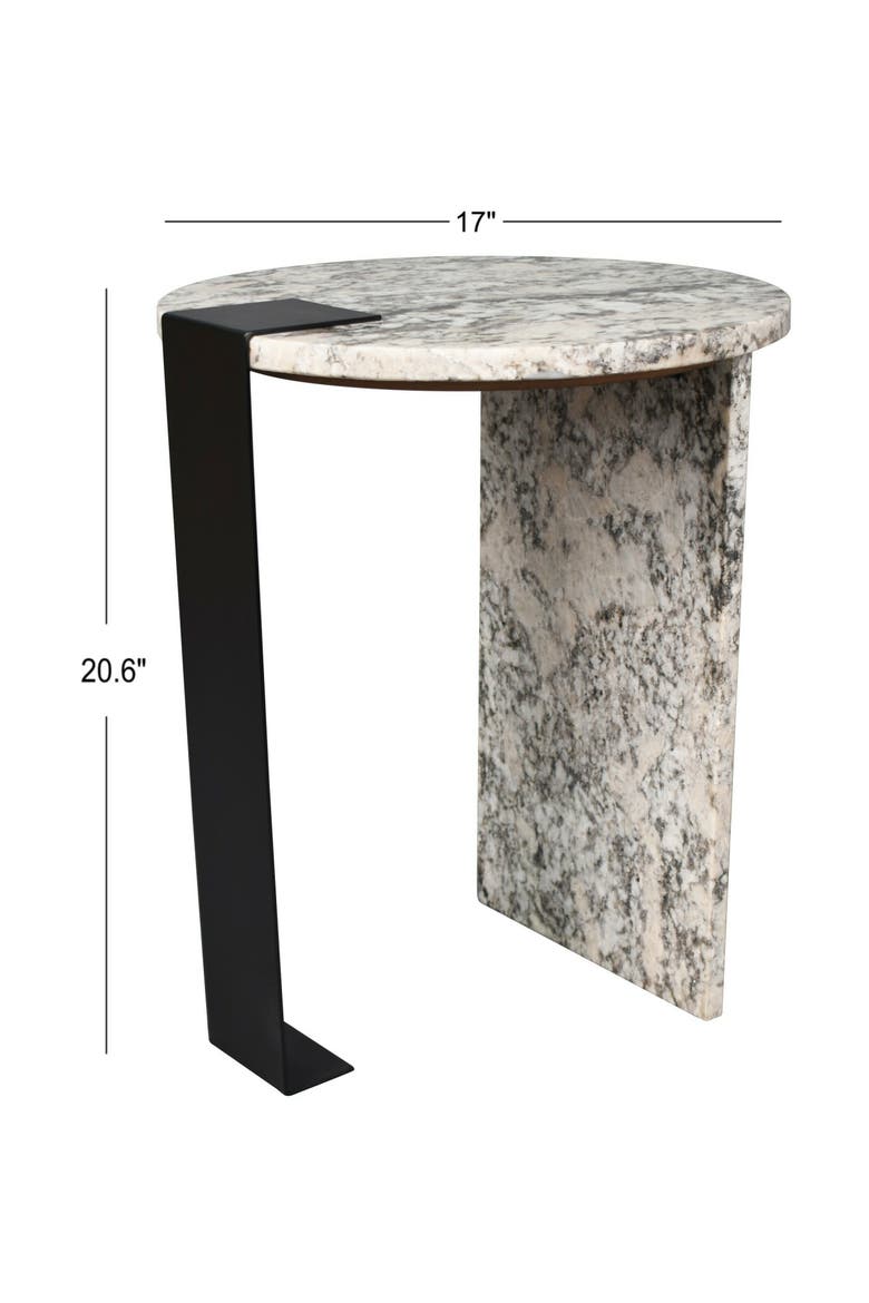 Lyra Modern Round Asymmetrical Marble Accent Table, Veined Stone with Iron Metal Base for Living Room, Alternate, color, Ivory/Black