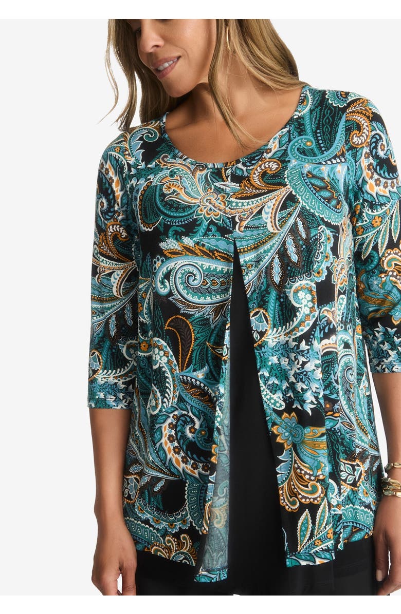 Jessica London Crew Neck Double Layered Tunic, Alternate, color, Frost Teal Paisley
