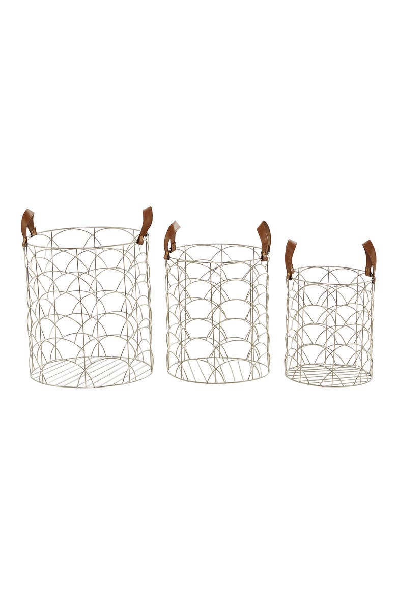 Silvertone Metal Glam Storage Basket with Faux Leather Handles - Set of 3, Alternate, color, SILVER