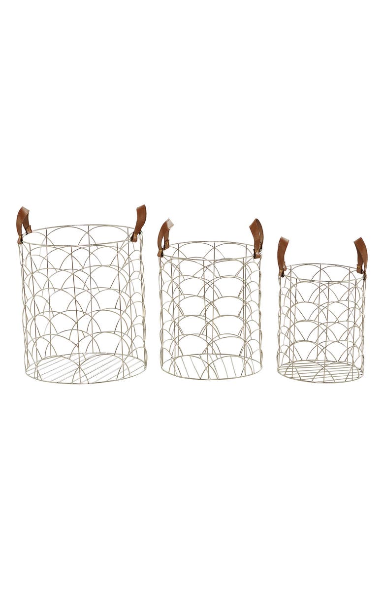 COSMO BY COSMOPOLITAN Silvertone Metal Glam Storage Basket with Faux Leather Handles - Set of 3, Alternate, color,