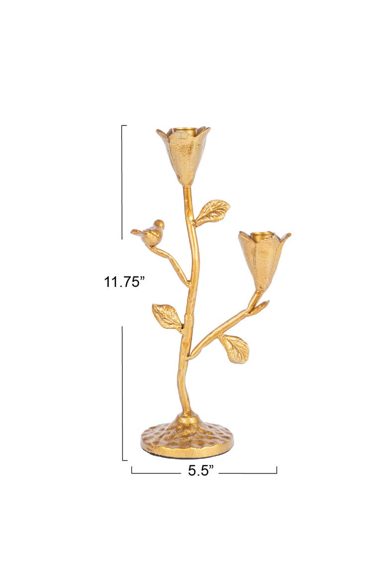 Tall Hand-Forged Cast Iron Candelabra with Flowers and Bird, Gold, Alternate, color, Gold