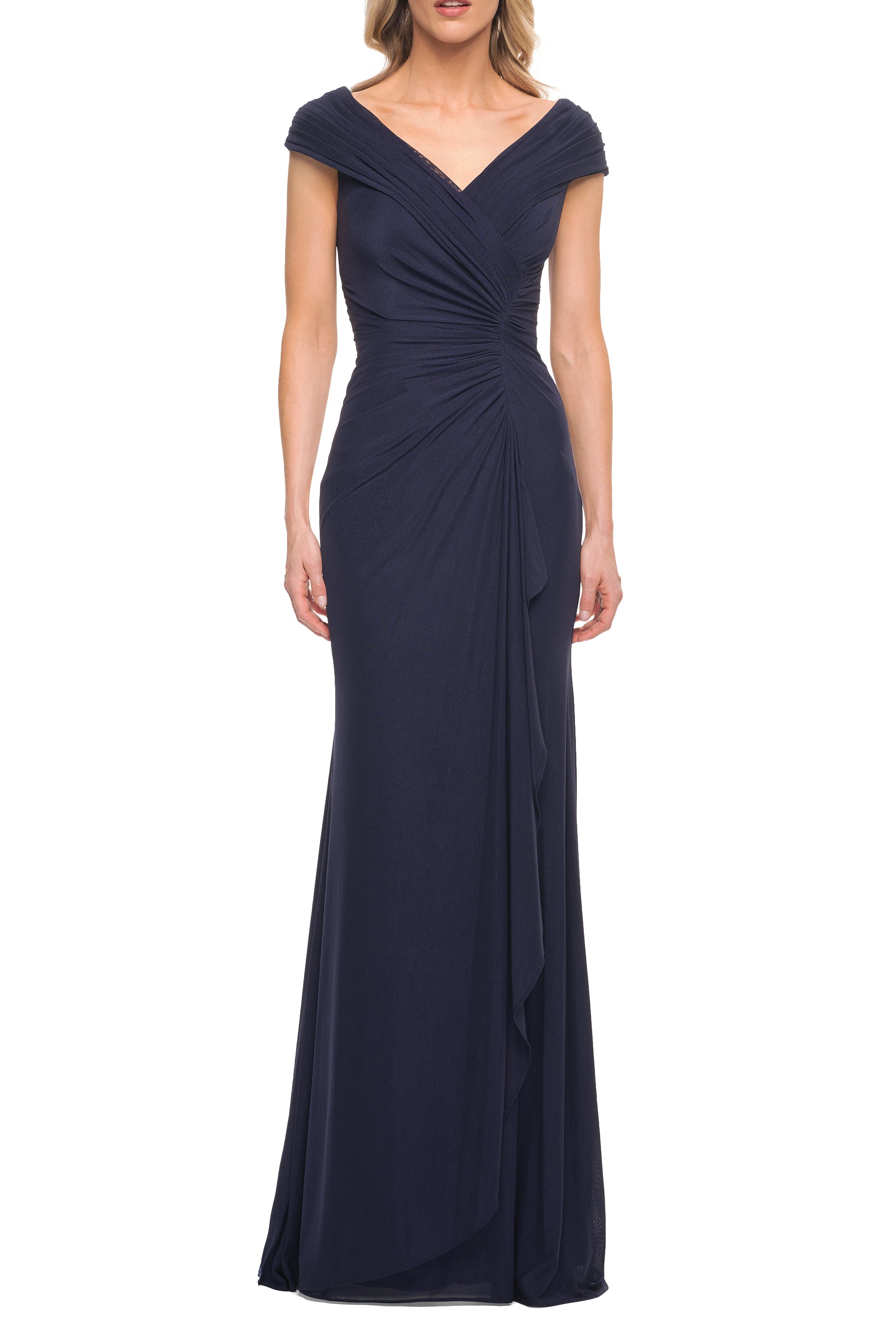 La Femme Elegant Net Jersey Long Gown with Ruching in Navy 