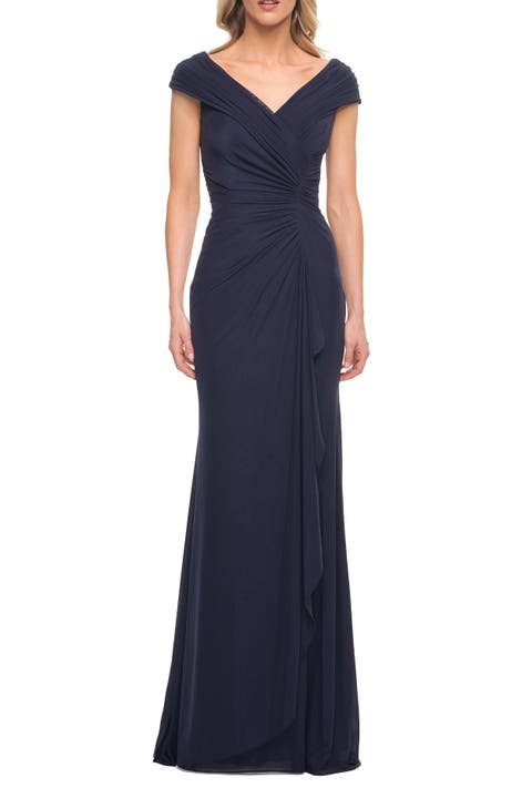 Elegant Net Jersey Long Gown with Ruching