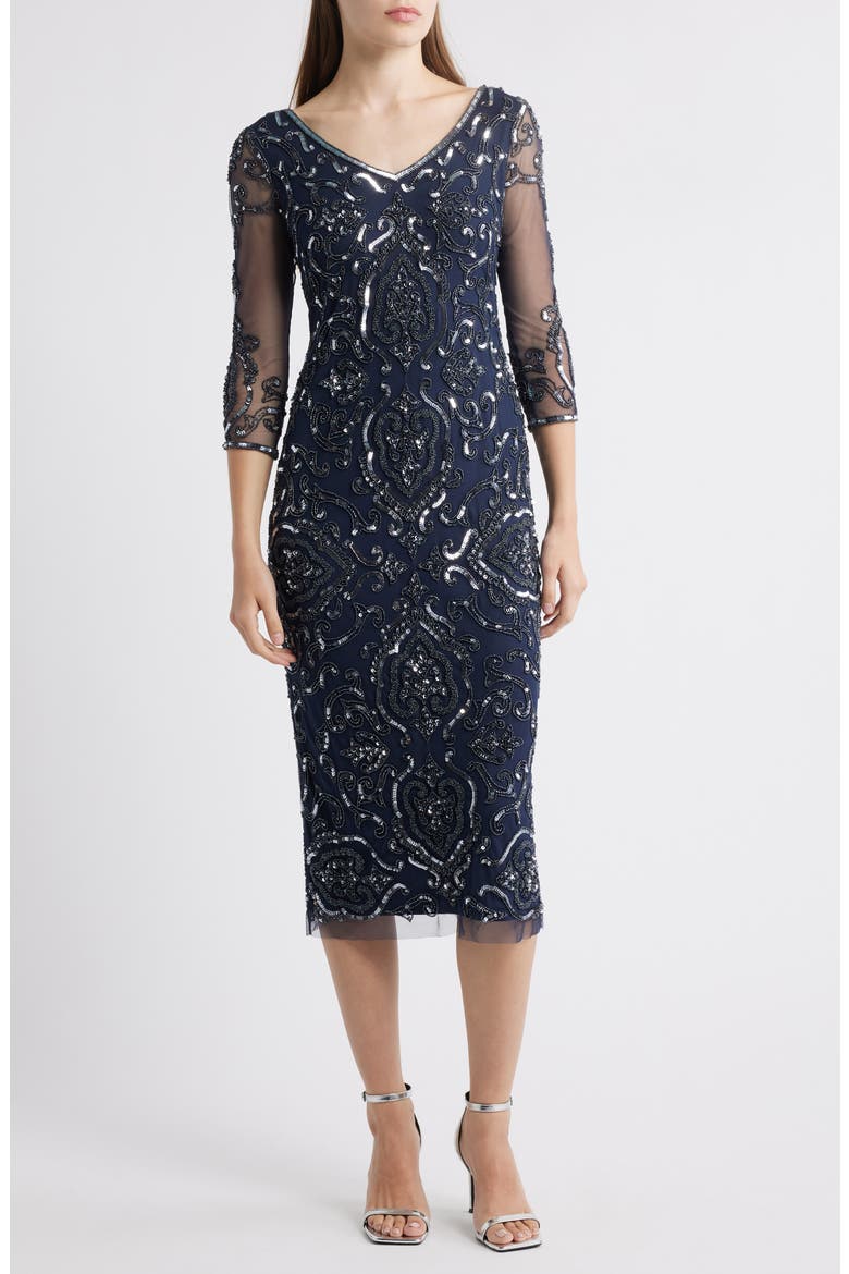 Sequin & Beaded Cocktail Sheath Dress, Main, color, CARBON