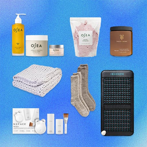 An assortment of self-care gifts.