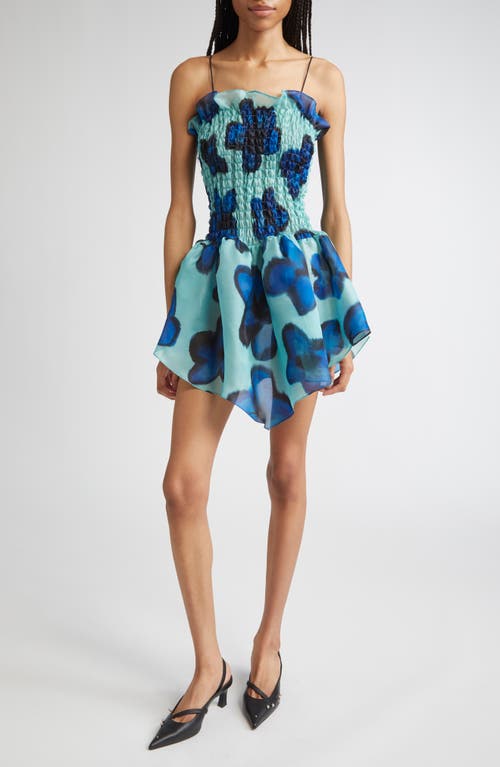 CONNER IVES Shirred Silk Organza Drop Waist Minidress in Teal  product