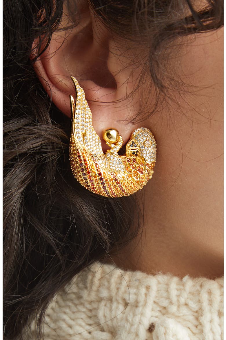 Plume Pavé Stud Earrings, Alternate, color, GOLD/ RED