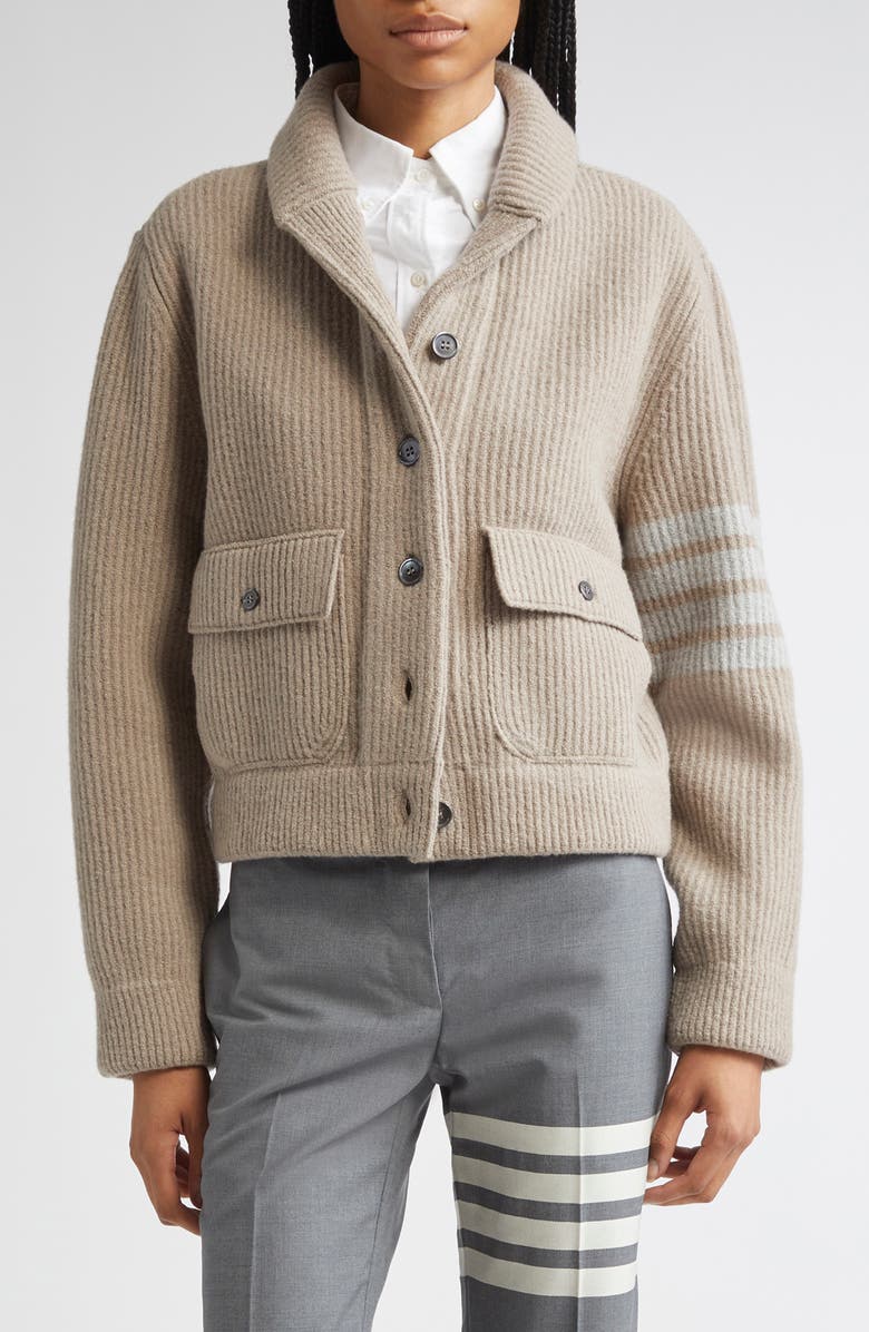 Thom Browne 4-Bar Rib Stitch Wool Blend Bomber Jacket, Main, color, Medium Brown