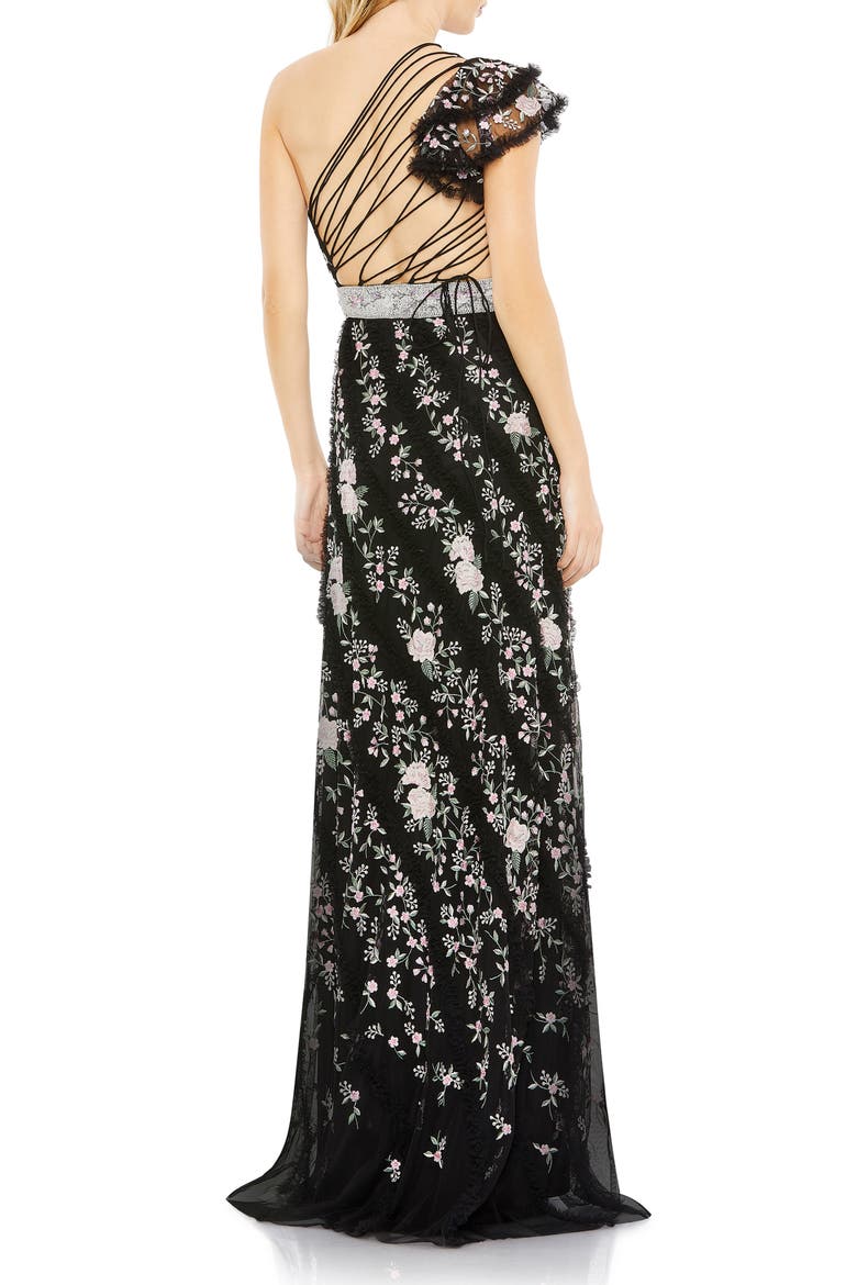 Floral Embroidered One-Shoulder Gown, Alternate, color, BLACK MULTI