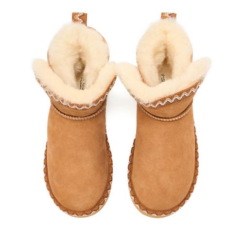 Dearfoams Fireside Perth Genuine Shearling Fold Down Bootie With Embroidery In Brown
