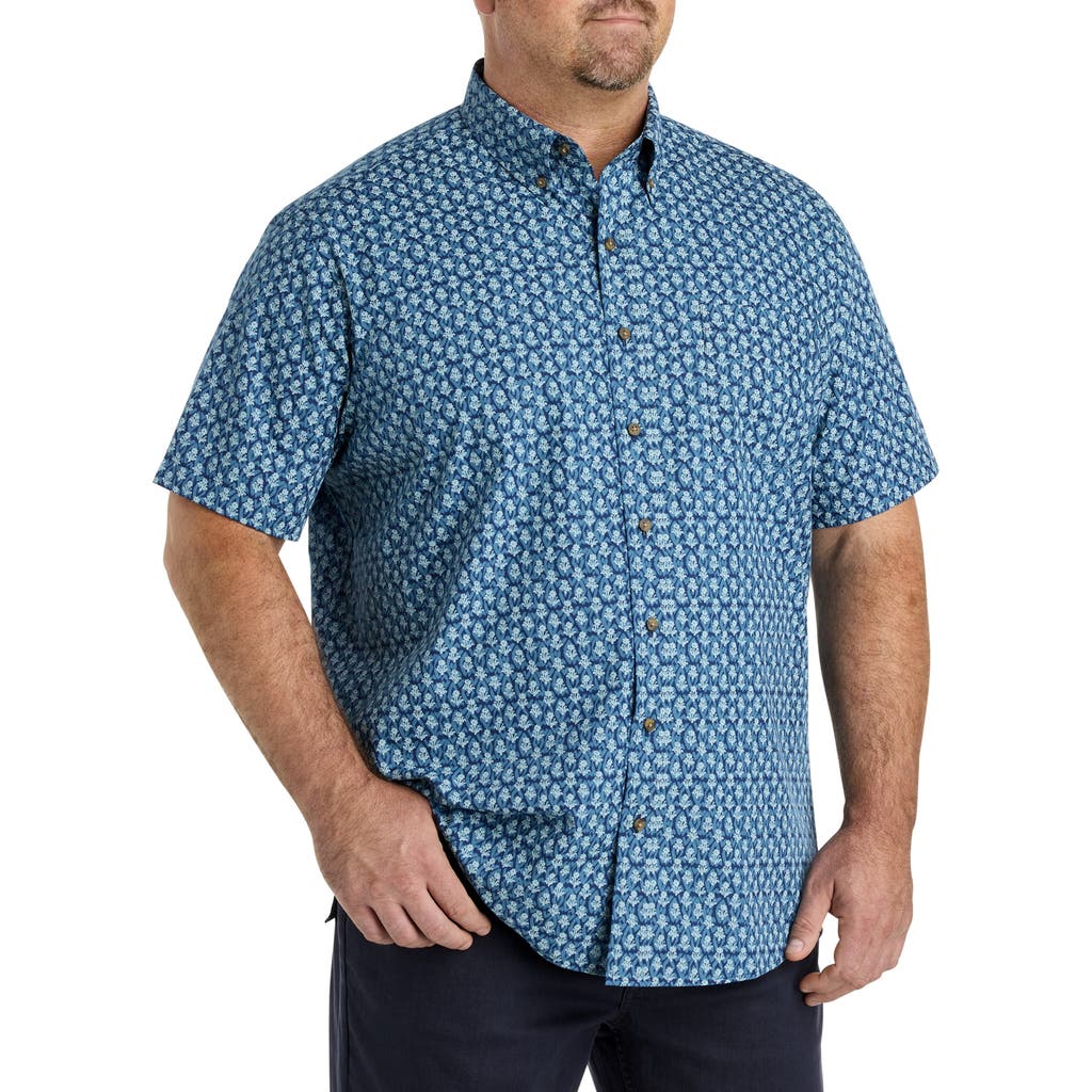 Harbor Bay By Dxl Big & Tall Easy-care Floral Print Sport Shirt In Blue