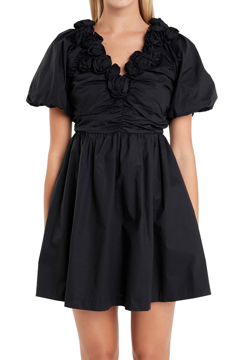 Flower Neckline Flare Minidress, Alternate, color, BLACK