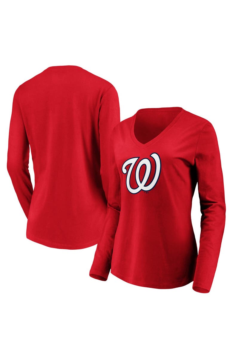 FANATICS Women's Fanatics Branded Red Washington Nationals Official Logo Long Sleeve V-Neck T-Shirt, Main, color, 