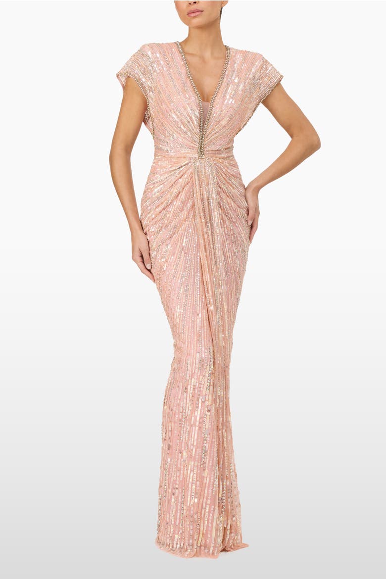 Zola Sequin-Embellished V-neck Maxi Dress, Alternate, color, Peach Fizz
