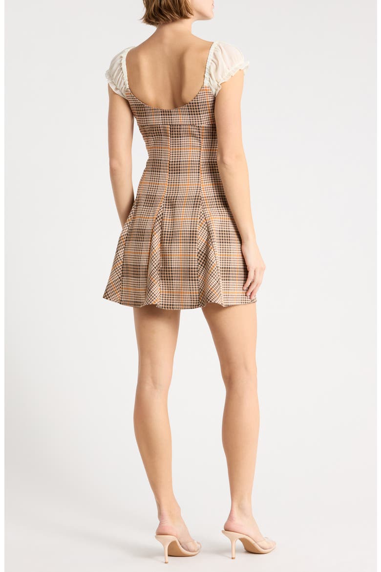Puff Sleeve Godet Minidress, Alternate, color, NEUTRAL ORANGE GLENPLAID