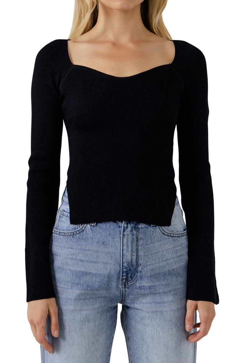 Rib Side Slit Sweater, Alternate, color, BLACK