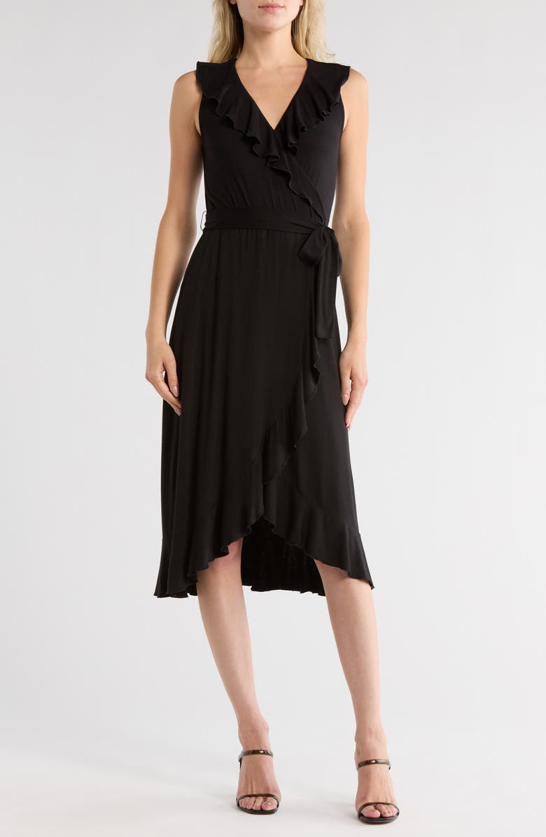 Loveappella Ruffle Faux Wrap Midi Dress, Main, color, Black