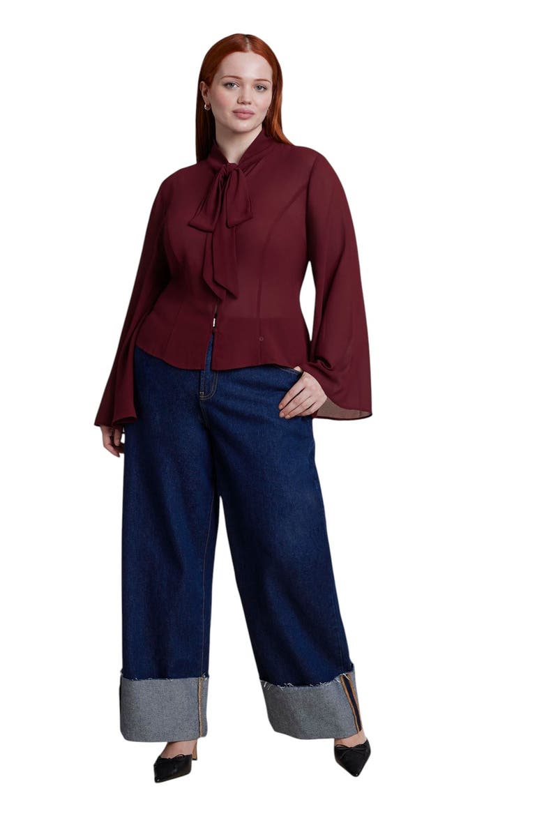 Tie Neck Sheer Top (plus), Alternate, color, OXBLOOD RED