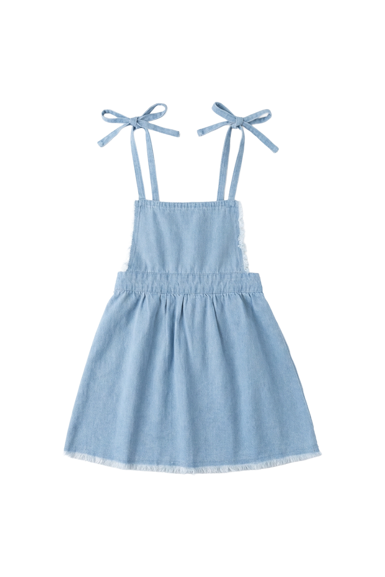 Girls 100% Cotton Woven Denim Jumper Dress - Pink, Adjustable Tie Straps, Main, color, Denim