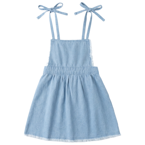 Girls 100% Cotton Woven Denim Jumper Dress - Pink, Adjustable Tie Straps