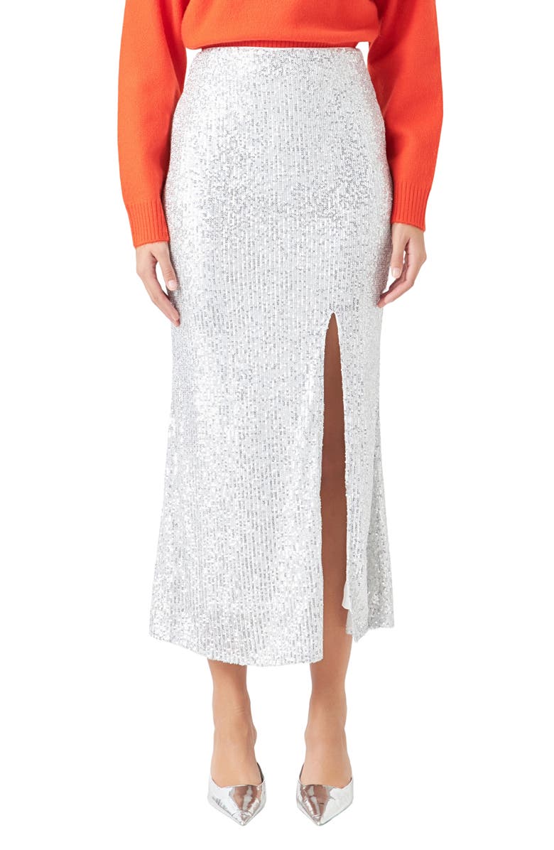 Endless Rose Sequin Midi Skirt, Main, color, Silver