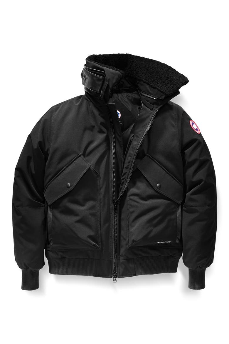 Bromley Slim Fit Down Bomber Jacket with Genuine Shearling Collar, Alternate, color, BLACK