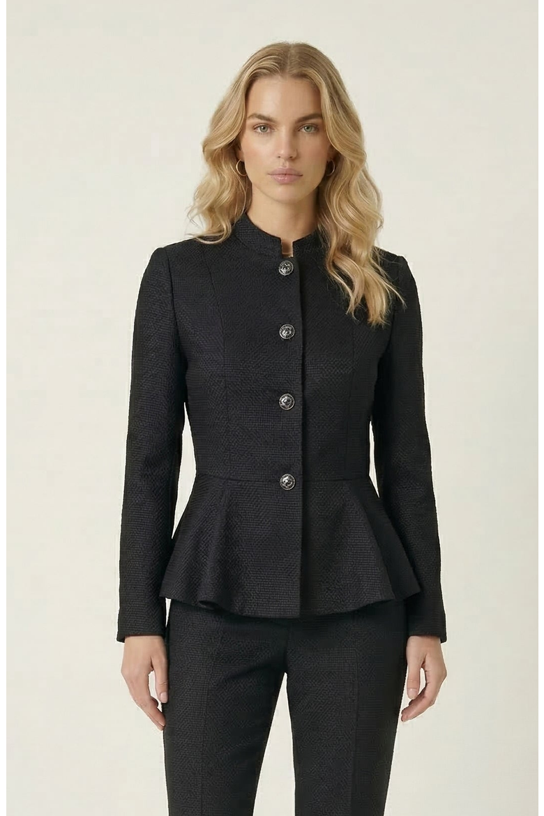 Textured Round Neck Peplum Blazer, Main, color, Black
