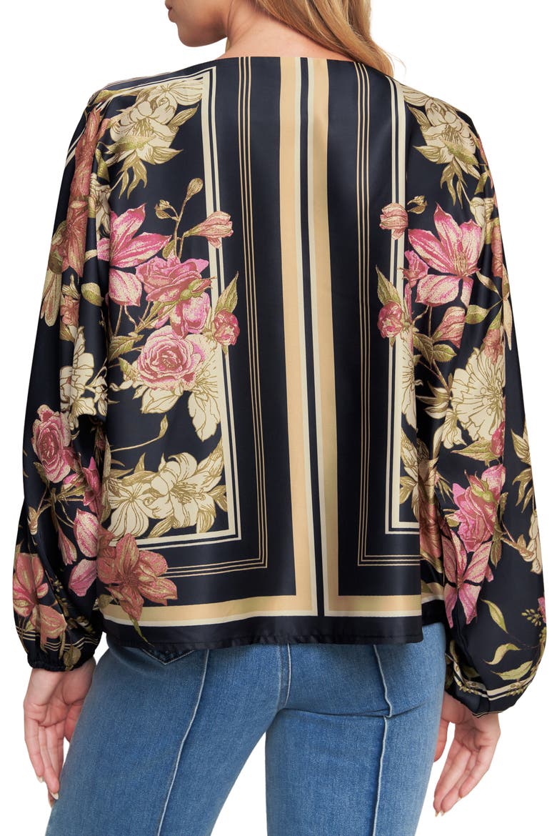 Floral & Stripe Print Satin Top, Alternate, color, BLACK