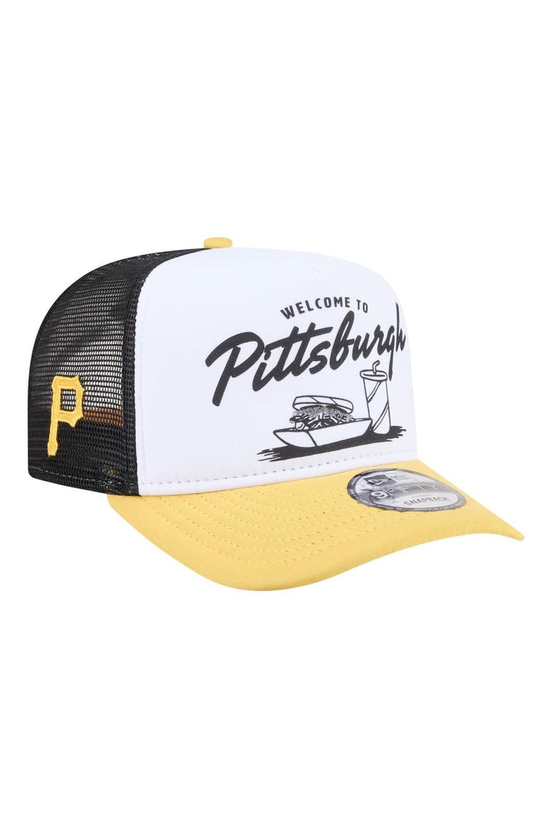 Men's New Era  White/Gold Pittsburgh Pirates Foodie A-Frame 9FIFTY Trucker Snapback Hat, Main, color, White