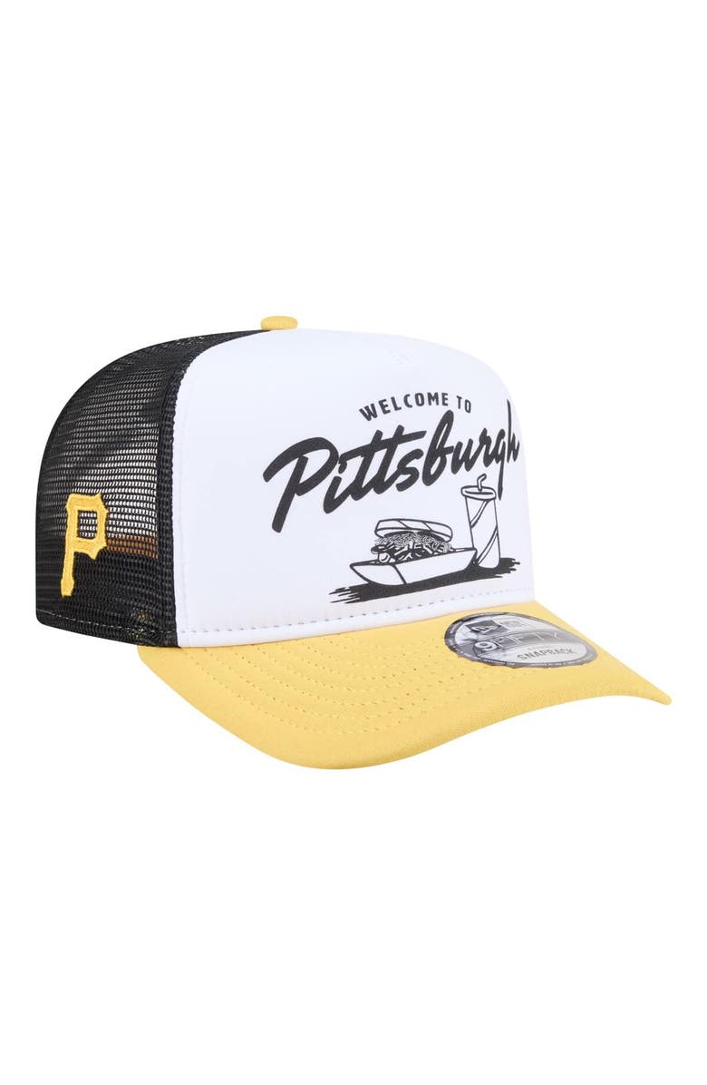 New Era Men's New Era White/Gold Pittsburgh Pirates Foodie A-Frame 9FIFTY Trucker Snapback Hat, Main, color, White