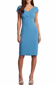 Tadashi Shoji Pleated Cap Sleeve Crepe Sheath Dress