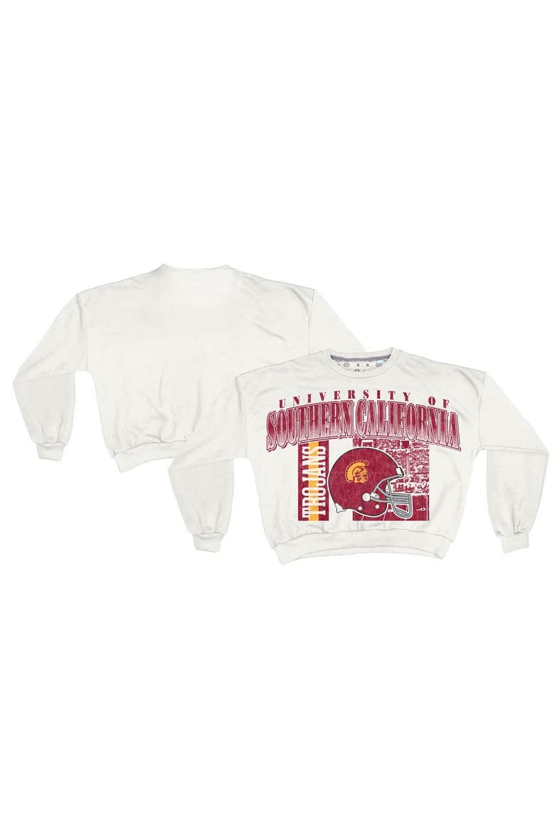 Women's Pressbox White USC Trojans Oversized Janice Retro Waist-Length Sweatshirt, Main, color, White