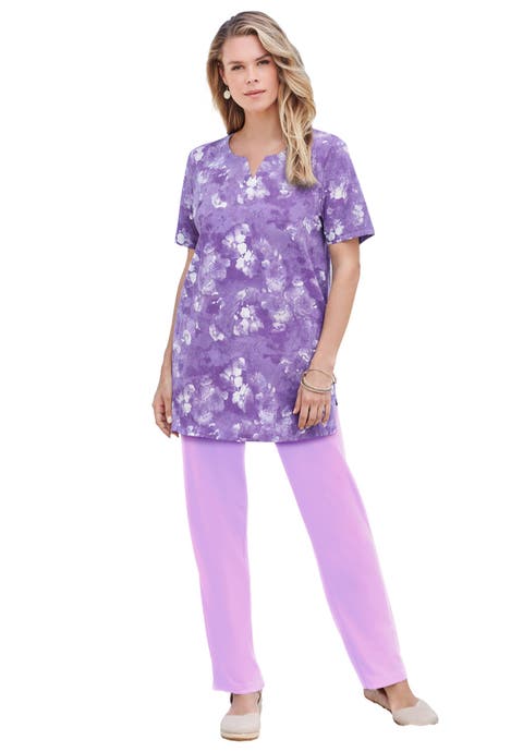 Plus Size Soft Knit Print Tunic With Notch Neckline