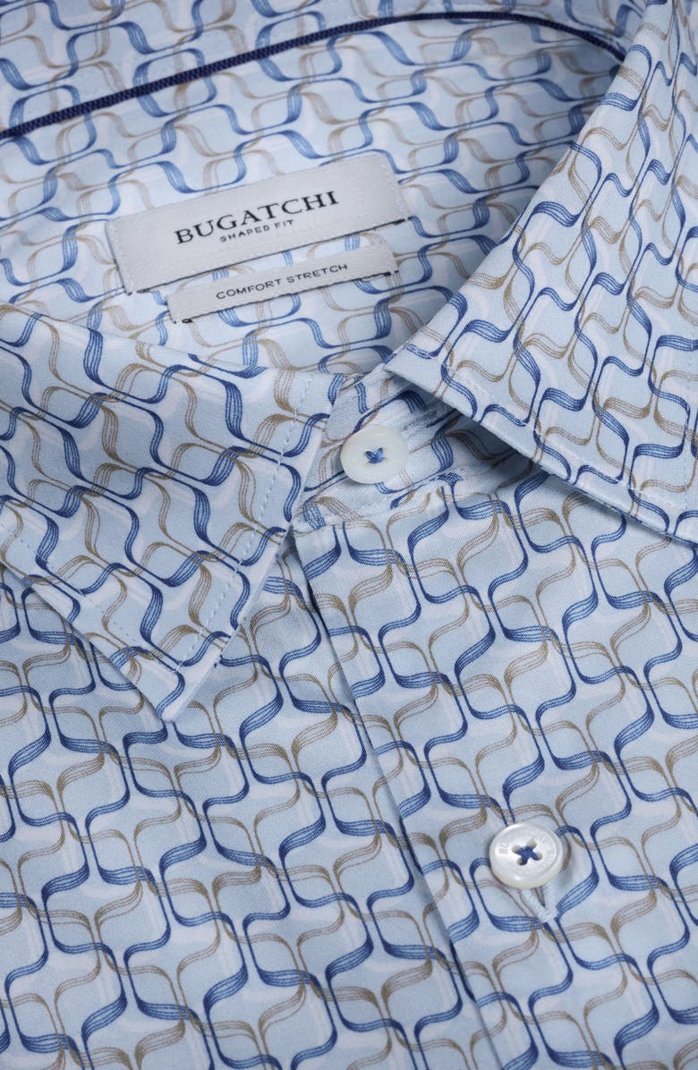 Bugatchi Julian Shaped Fit Geometric Wave Print Stretch Cotton Button-Up Shirt, Alternate, color, Hazy Blue