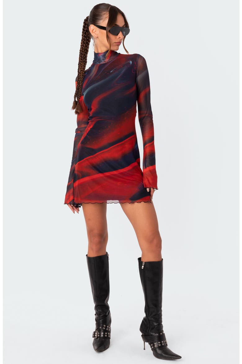 Sparks Fly Mock Neck Long Sleeve Mesh Minidress, Alternate, color, MIX