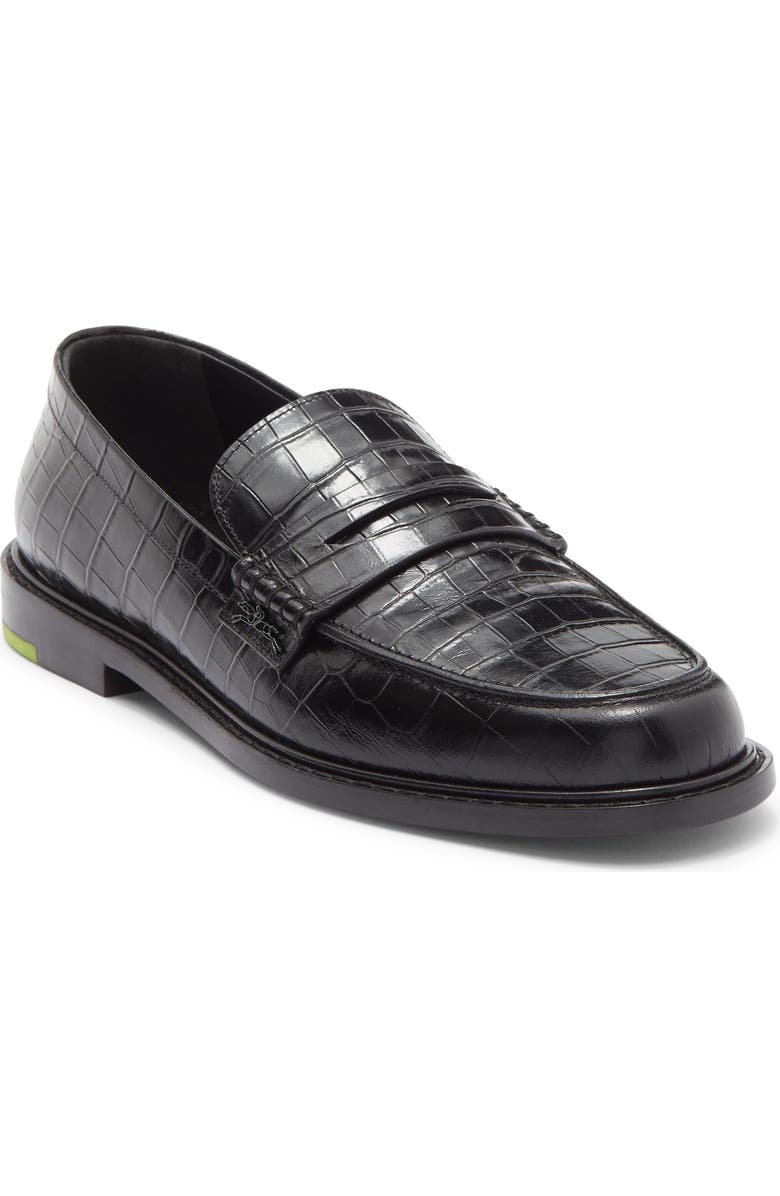 Longchamp Croc Embossed Penny Loafer, Main, color, Black