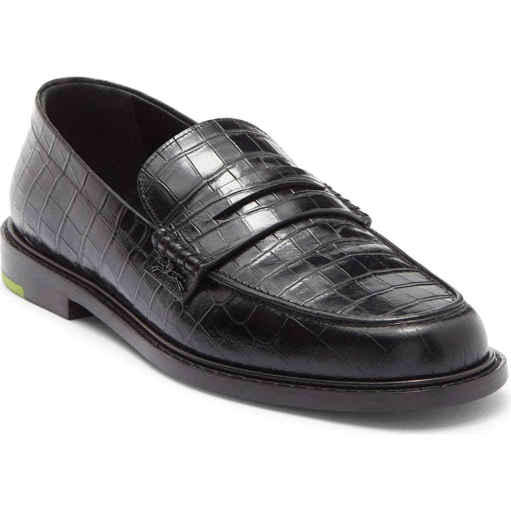 Longchamp Croc Embossed Penny Loafer In Black