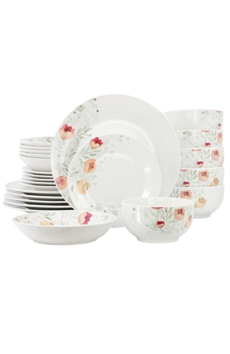 Elama Poppy 24 Piece Porcelain Double Bowl Dinnerware Set, Service for 6, Main, color, White
